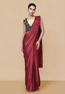 Red Hand Work Chinon Pre Draped Saree Set