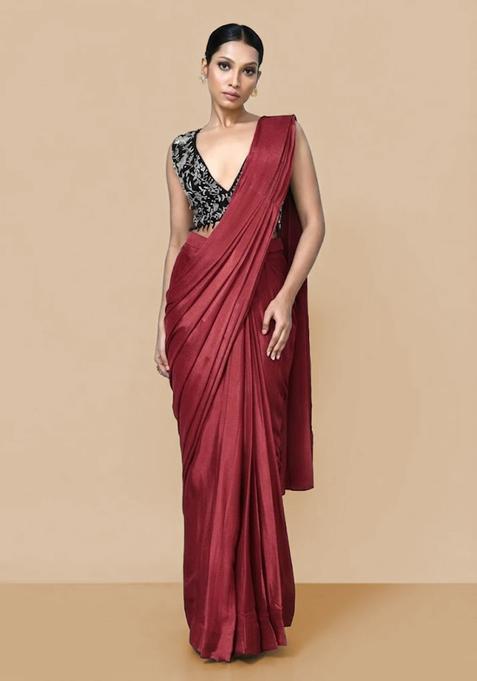 Red Hand Work Chinon Pre Draped Saree Set