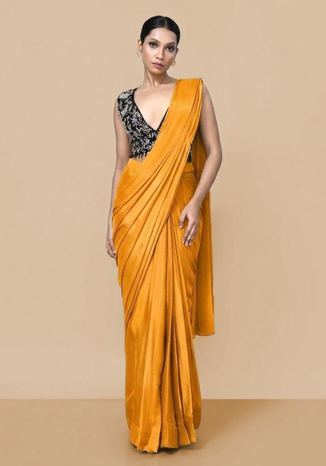 Mustard Hand Work Chinon Pre Draped Saree Set