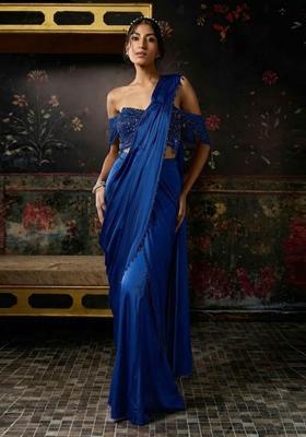 Royal Blue Hand Work Chinon Pre Draped Saree Set