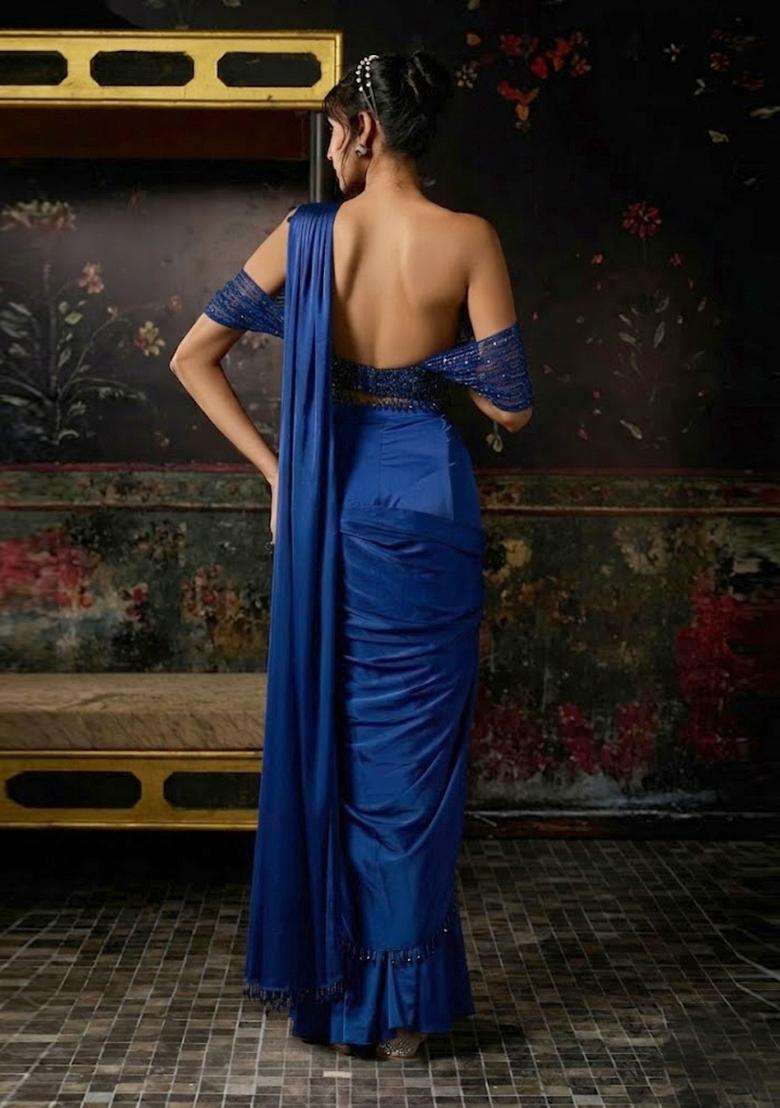 Royal Blue Hand Work Chinon Pre Draped Saree Set - Indya
