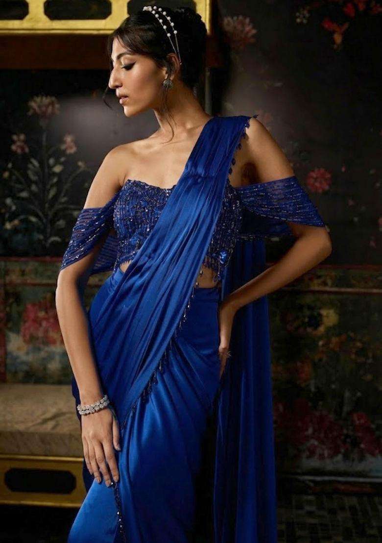 Royal Blue Hand Work Chinon Pre Draped Saree Set - Indya