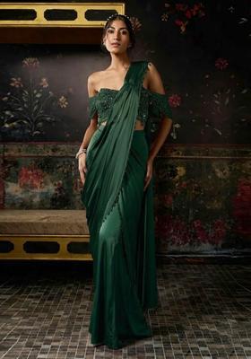 Forest Green Hand Work Chinon Pre Draped Saree Set