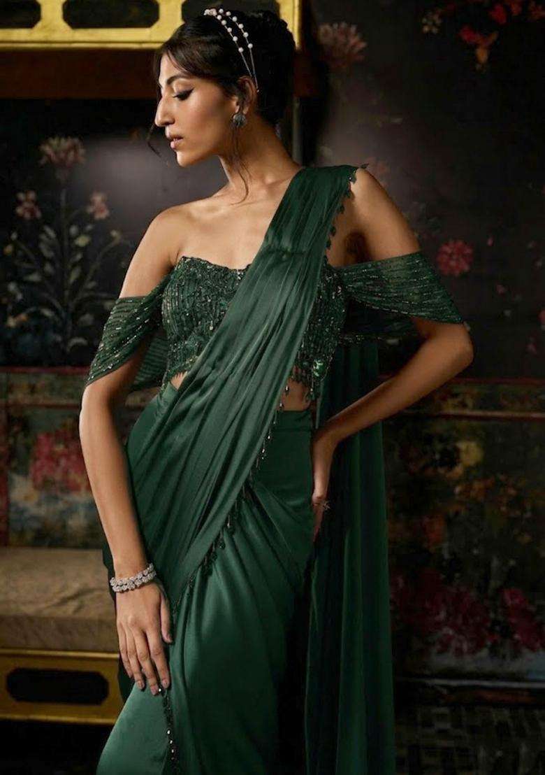 Forest Green Hand Work Chinon Pre Draped Saree Set - Indya