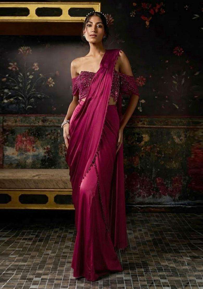 Rani Pink Hand Work Chinon Pre Draped Saree Set - Indya