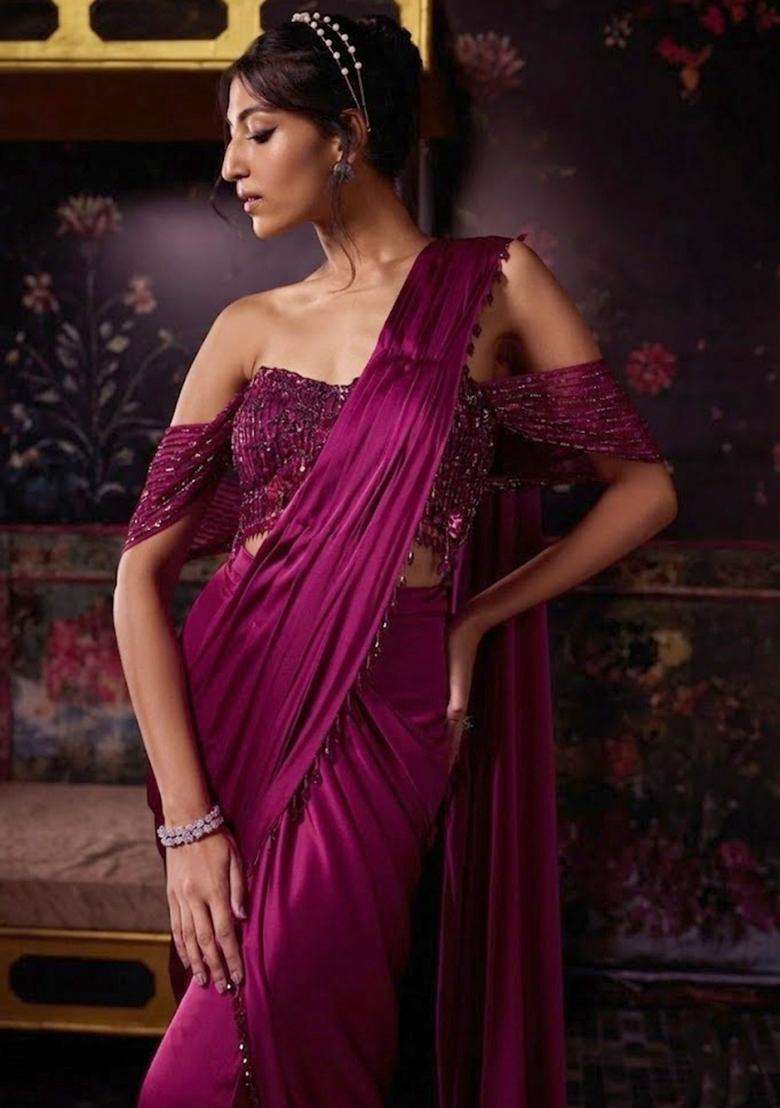 Rani Pink Hand Work Chinon Pre Draped Saree Set - Indya