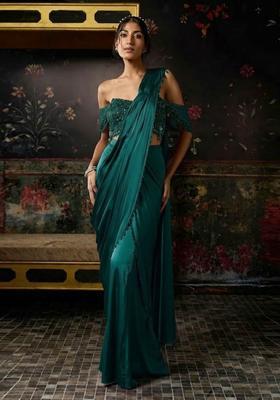 Teal Green Hand Work Chinon Pre Draped Saree Set
