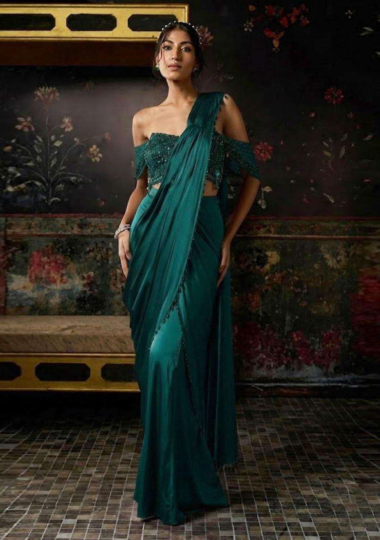 Teal Green Hand Work Chinon Pre Draped Saree Set - Indya