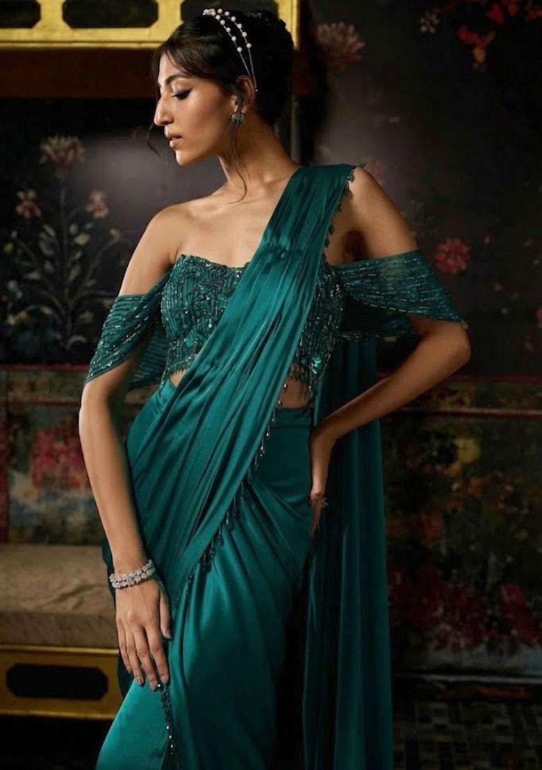 Teal Green Hand Work Chinon Pre Draped Saree Set - Indya