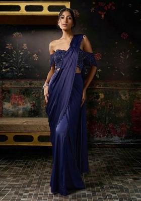 Royal Purple Hand Work Chinon Pre Draped Saree Set