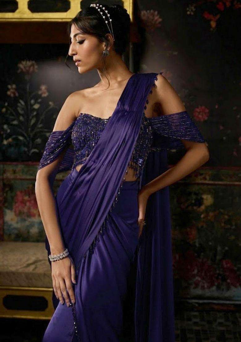 Royal Purple Hand Work Chinon Pre Draped Saree Set - Indya