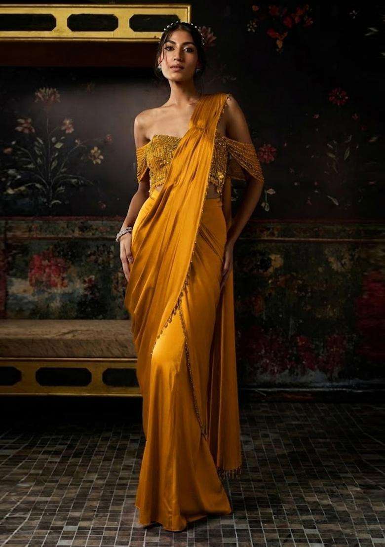 Mustard Hand Work Chinon Pre Draped Saree Set - Indya