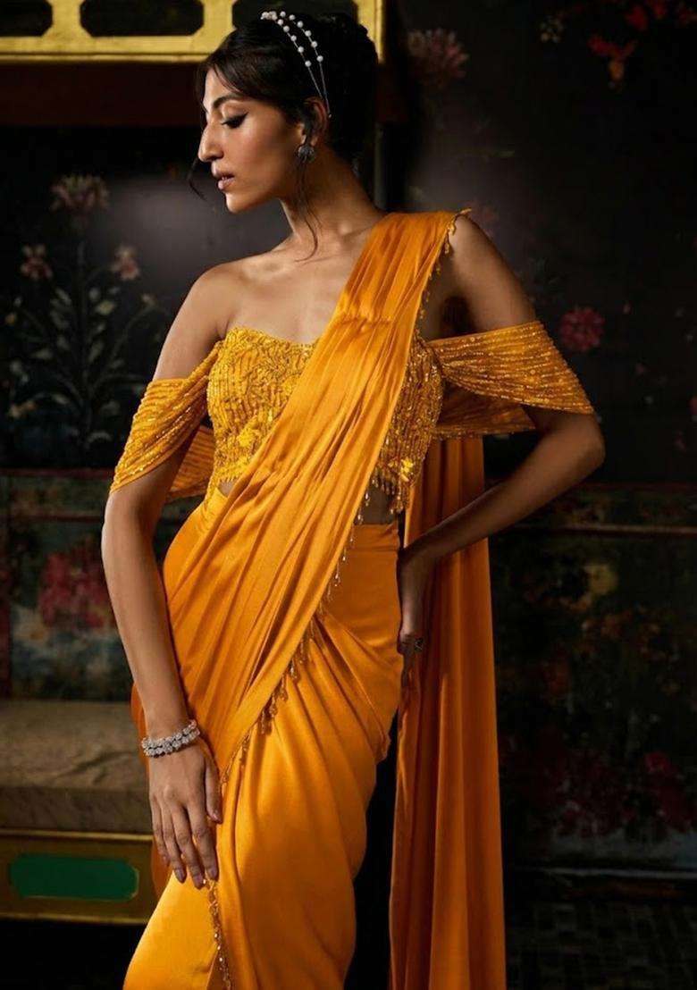 Mustard Hand Work Chinon Pre Draped Saree Set - Indya