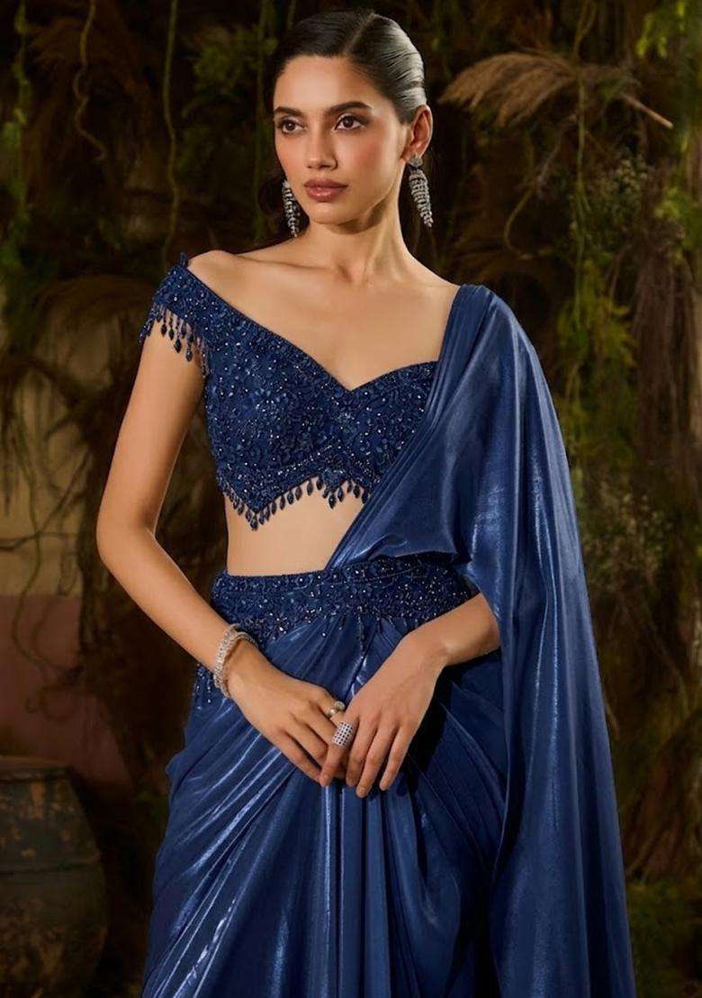 Navy Blue Hand Work Chinon Pre Draped Saree Set - Indya