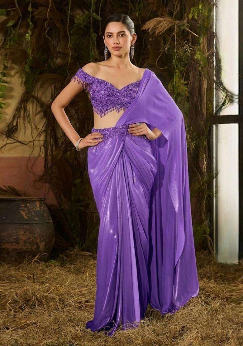 Purple Hand Work Chinon Pre Draped Saree Set - Indya