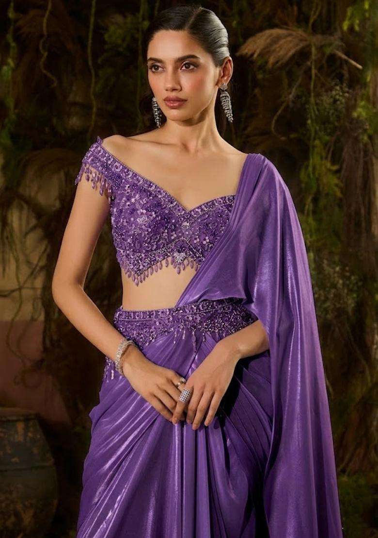 Purple Hand Work Chinon Pre Draped Saree Set - Indya