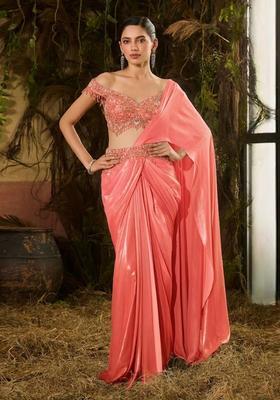 Coral Peach Hand Work Chinon Pre Draped Saree Set