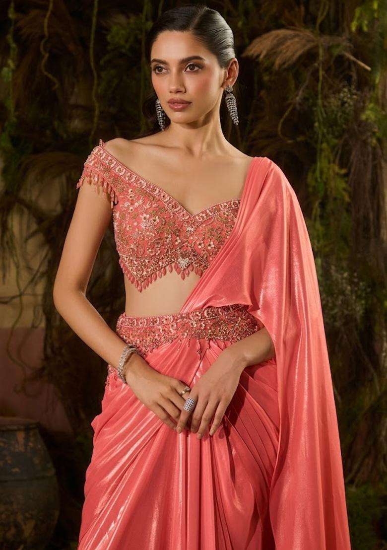 Coral Peach Hand Work Chinon Pre Draped Saree Set - Indya
