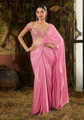 Pink Hand Work Chinon Pre Draped Saree Set