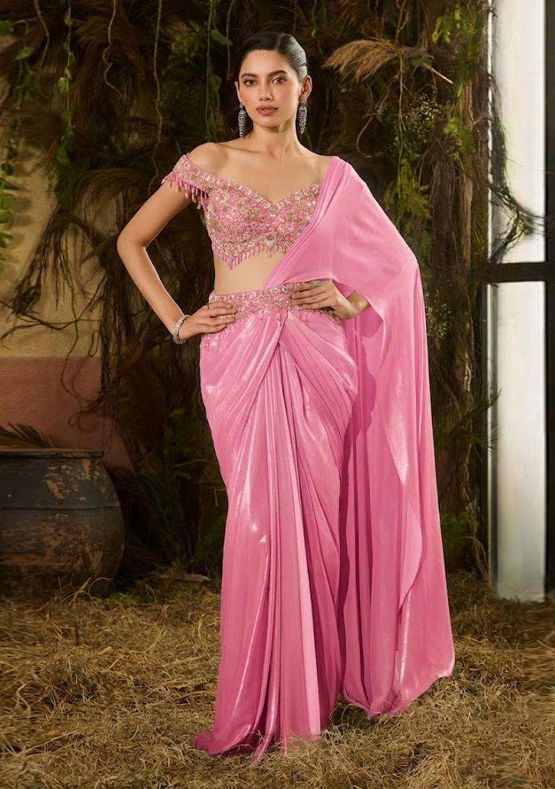 Pink Hand Work Chinon Pre Draped Saree Set - Indya