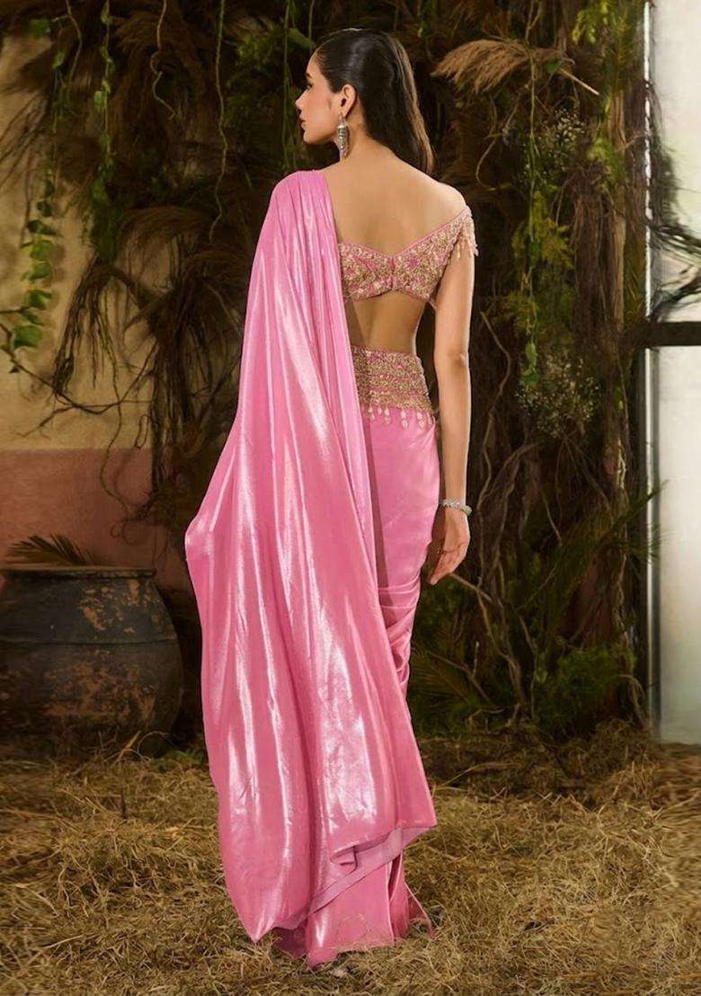 Pink Hand Work Chinon Pre Draped Saree Set - Indya