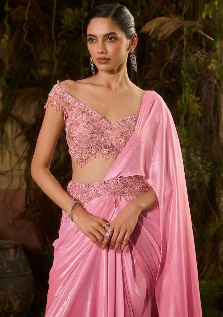 Pink Hand Work Chinon Pre Draped Saree Set - Indya