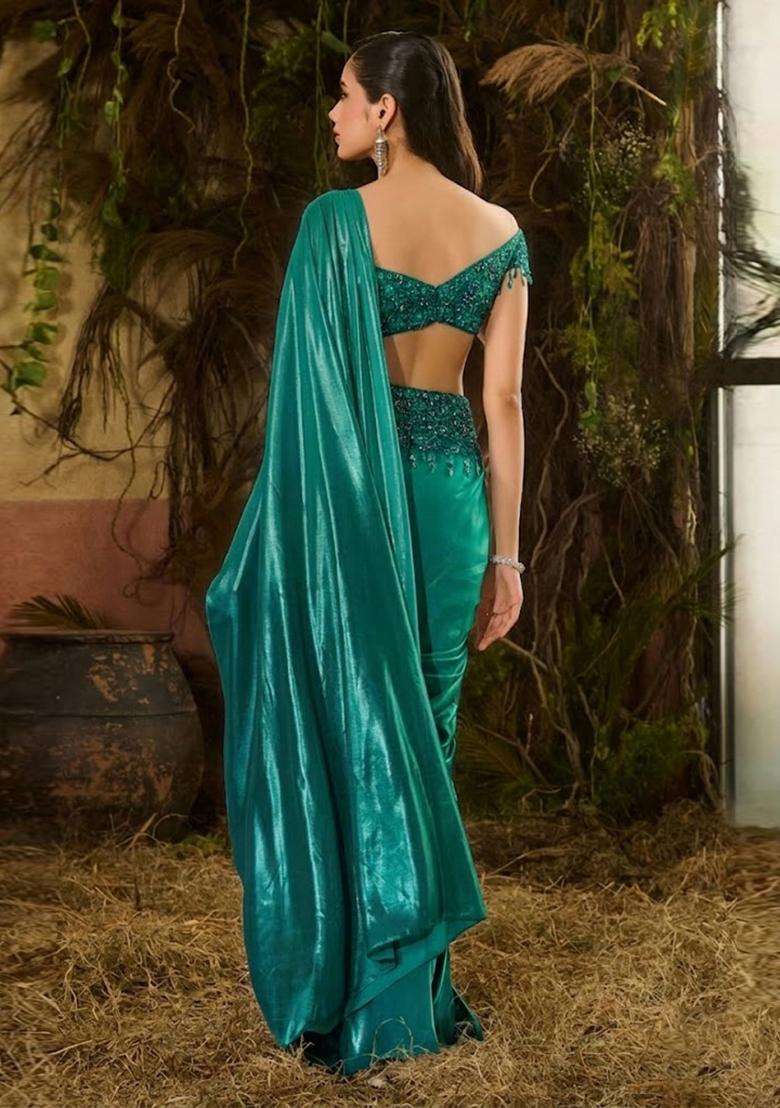 Emerald Green Hand Work Chinon Pre Draped Saree Set - Indya