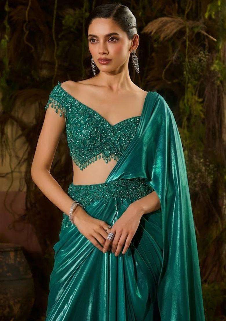 Emerald Green Hand Work Chinon Pre Draped Saree Set - Indya