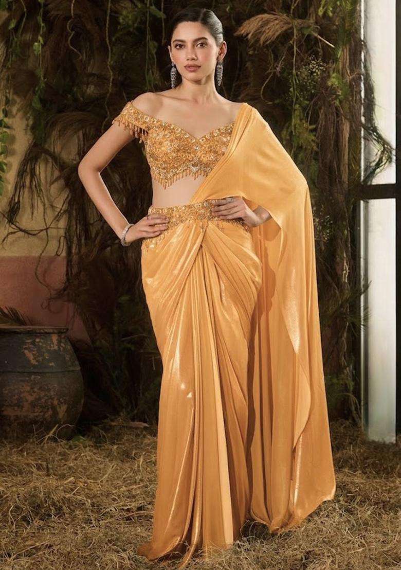 Mustard Hand Work Chinon Pre Draped Saree Set - Indya
