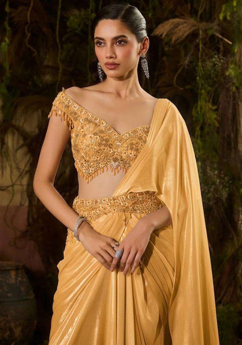 Mustard Hand Work Chinon Pre Draped Saree Set - Indya