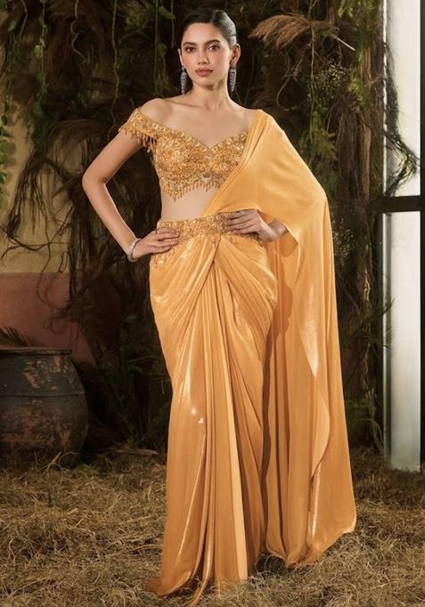 Mustard Hand Work Chinon Pre Draped Saree Set