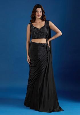 Black Hand Work Chinon Pre Draped Saree Set