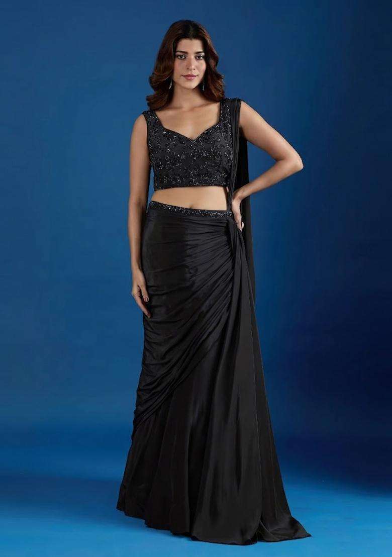 Black Hand Work Chinon Pre Draped Saree Set - Indya