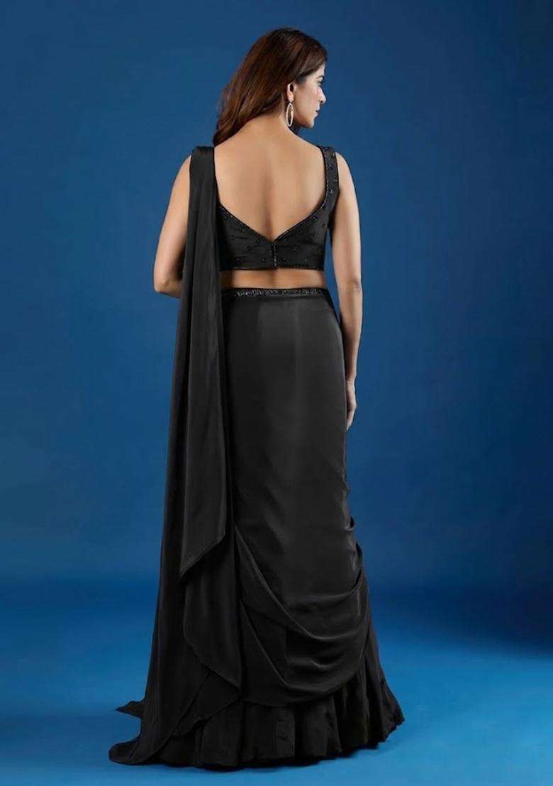 Black Hand Work Chinon Pre Draped Saree Set - Indya