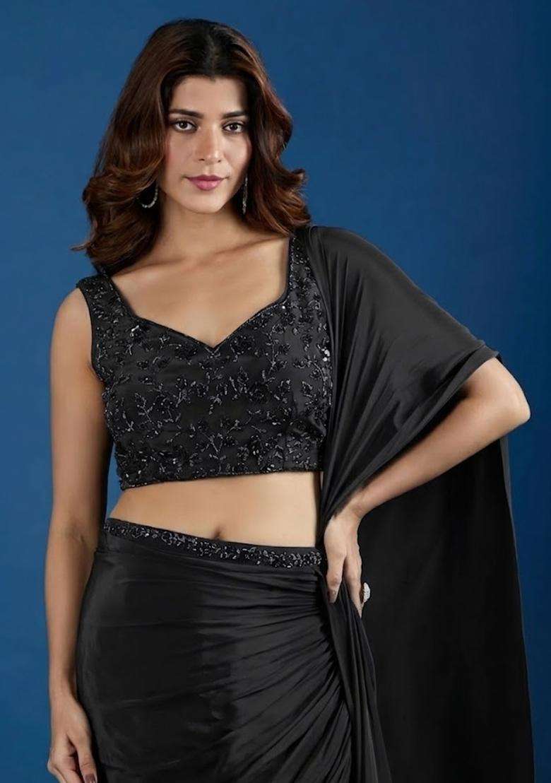 Black Hand Work Chinon Pre Draped Saree Set - Indya