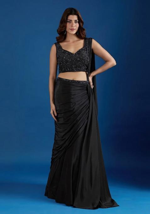 Black Hand Work Chinon Pre Draped Saree Set