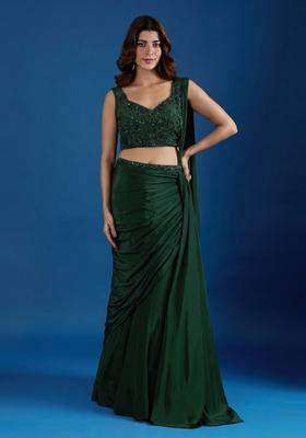 Dark Green Hand Work Chinon Pre Draped Saree Set