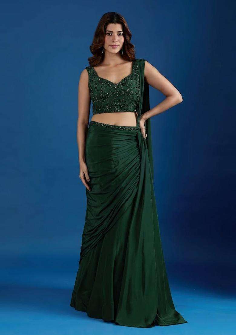Dark Green Hand Work Chinon Pre Draped Saree Set - Indya