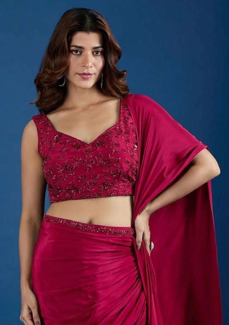 Red Hand Work Chinon Pre Draped Saree Set - Indya
