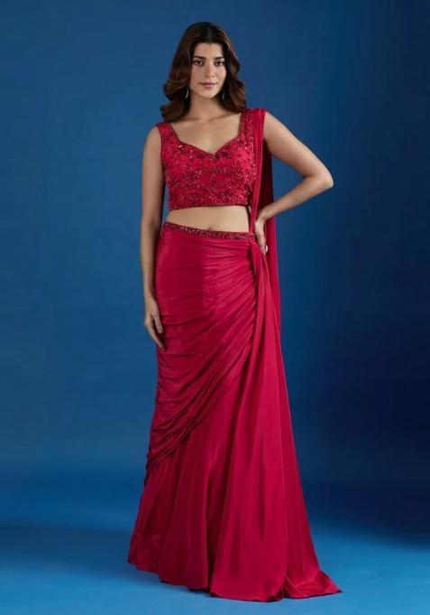 Red Hand Work Chinon Pre Draped Saree Set