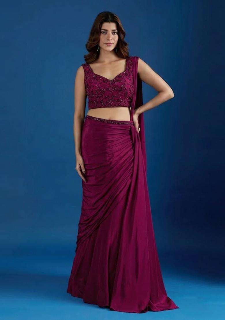 Deep Magenta Hand Work Chinon Pre Draped Saree Set - Indya