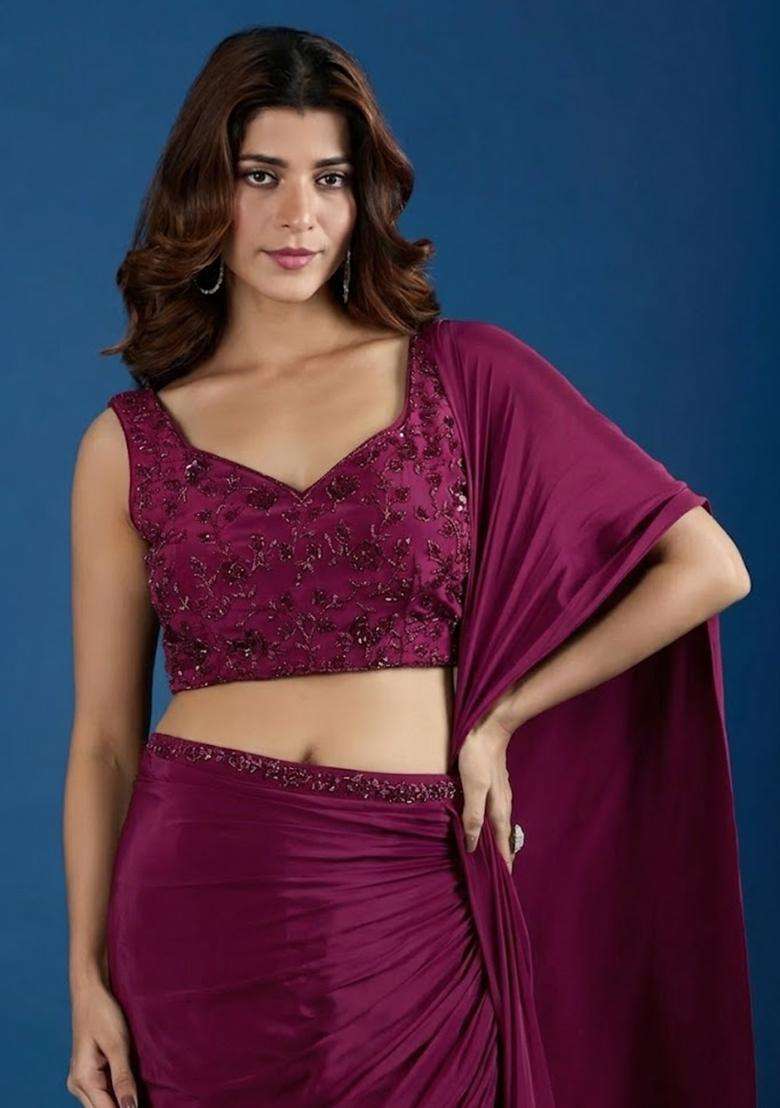 Deep Magenta Hand Work Chinon Pre Draped Saree Set - Indya