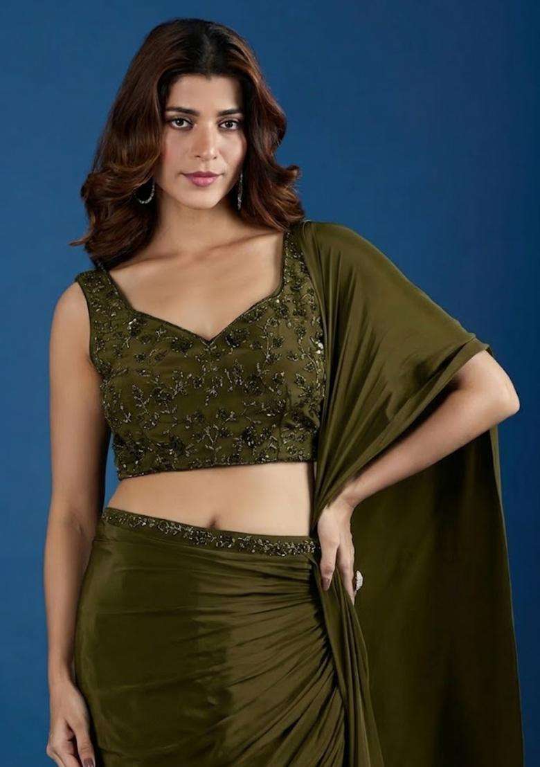 Olive Green Hand Work Chinon Pre Draped Saree Set - Indya