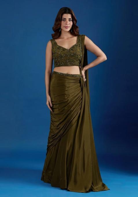 Olive Green Hand Work Chinon Pre Draped Saree Set