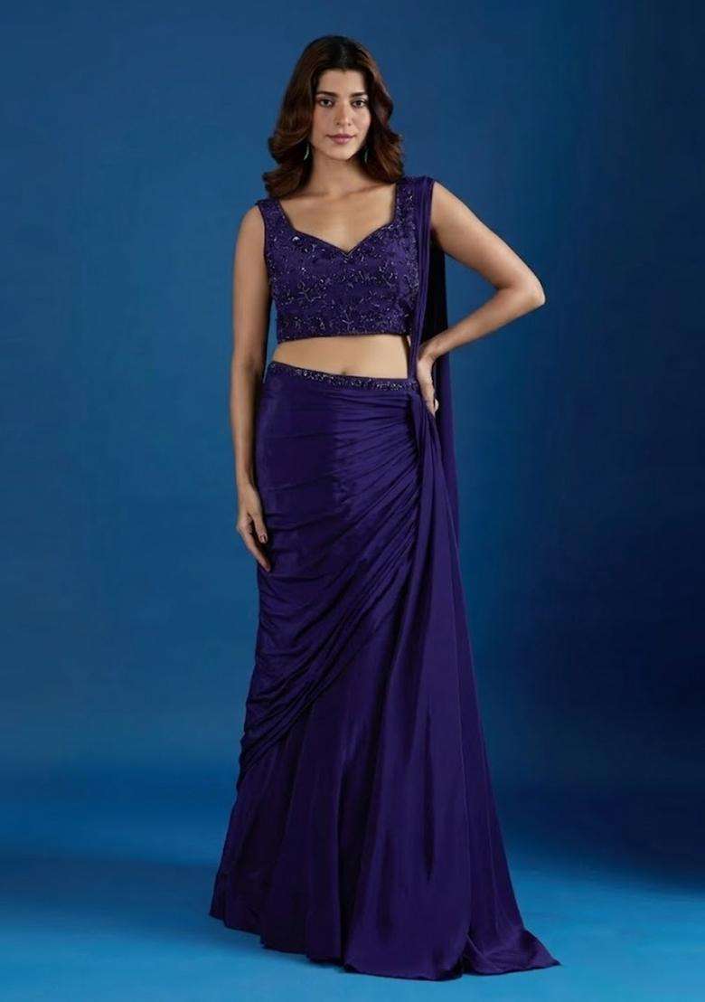 Navy Blue Hand Work Chinon Pre Draped Saree Set - Indya