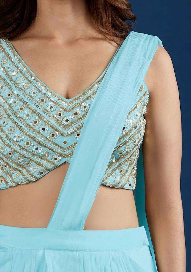 Ice Blue Hand Work Chinon Pre Draped Saree Set - Indya