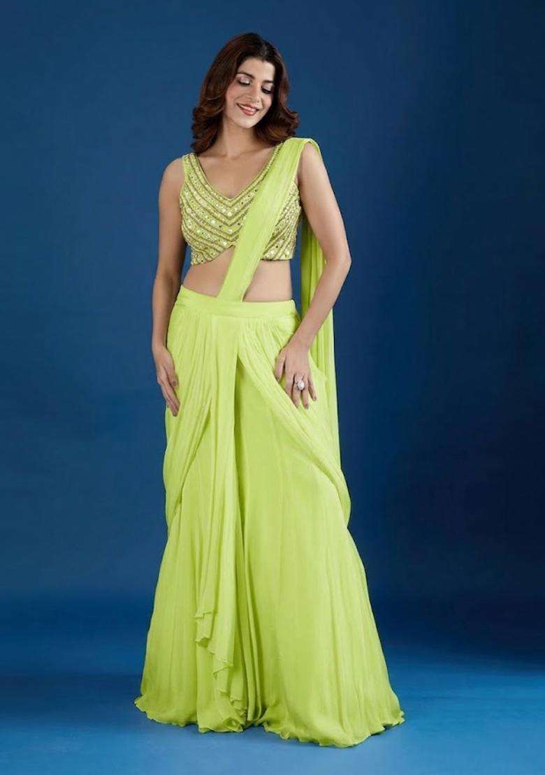 Lime Green Hand Work Chinon Pre Draped Saree Set - Indya