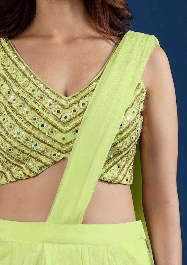 Lime Green Hand Work Chinon Pre Draped Saree Set - Indya