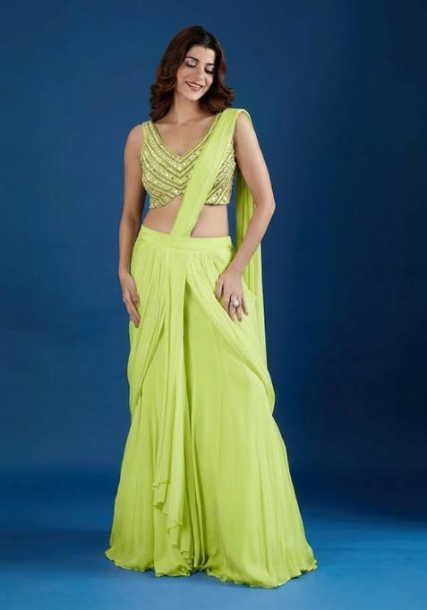 Lime Green Hand Work Chinon Pre Draped Saree Set