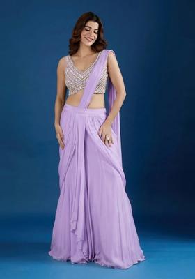 Lavender Hand Work Chinon Pre Draped Saree Set